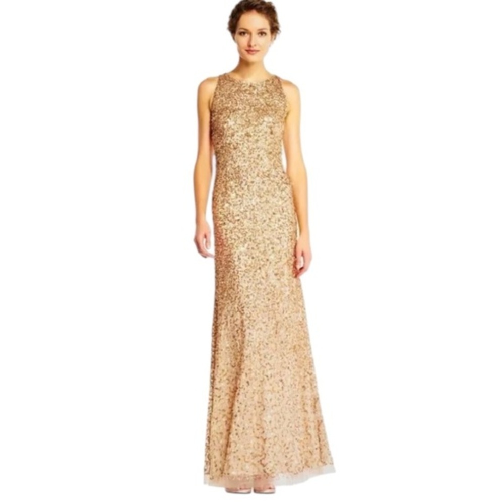 Adrianna Pappell Champagne/ Nude Sleeveless Sequined Gown 10 High Neck Side Tie